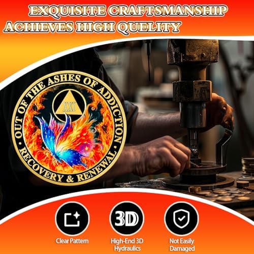 Butterfly in the Fire 21 Year Sobriety Coin, Recovery & Renewal AA Medallion - Celebrating Recovery Anniversary Tokens, Alcohol Free Sobriety Gifts for Women Men