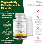 Vegan Vitality Multivitamins & Minerals for Women and Men with High Strength Vitamin B12, D3 & K2. 180 Vegan Multivitamin Tablets - 6 Months Supply. Vitamins for Vegans. Women Multivitamin