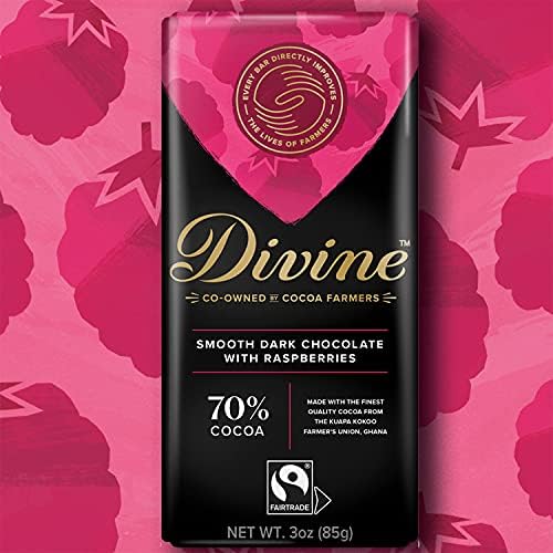 Divine Chocolate Bars - 70% Dark Chocolate with Raspberries - Made with Fairtrade Cocoa, Natural Ingredients, No Artificial Flavors | 3oz. Bars (12 Pack)
