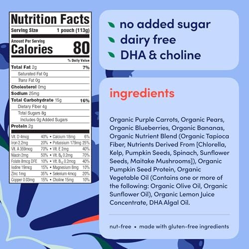 Cerebelly Organic Baby Food Pouches, Purple Carrot Blueberry Dairy-Free Smoothies, 16 Nutrients, No Added Sugar, Fiber & Non-GMO, 4oz, 1 Count