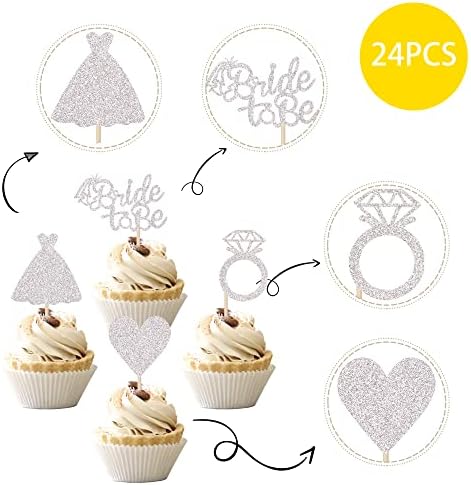 24 PCS Bride to Be Cupcake Toppers with Heart Ring Dress Bridal Shower Cupcake Picks Wedding Engagement Bachelorette Party Cake Decorations Supplies Silver