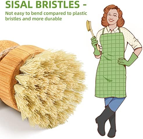 SUBEKYU Bamboo Dish Scrub Brushes for Kitchen, Cleaning Scrubber for Washing Cast Iron Pan/Pot, Natural Sisal Bristles, 1 Pack