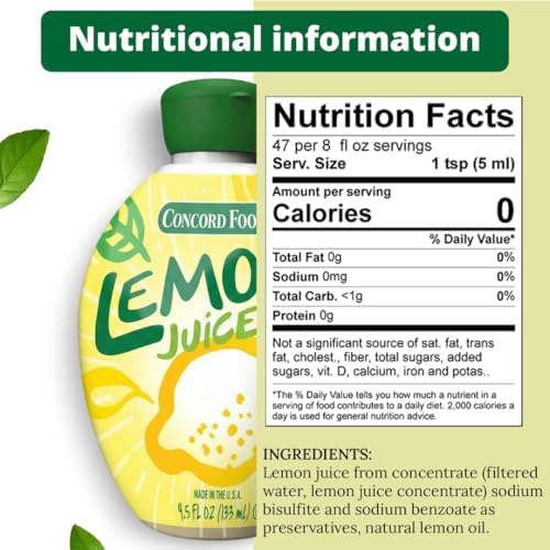Concord Foods Lemon Juice from Concentrate | 100% Lemon Juice for Cocktails, Cooking, Baking & Beverages | Perfect for Recipes & Everyday Use | Convenient Size | 4.5 Oz (Pack of 4)