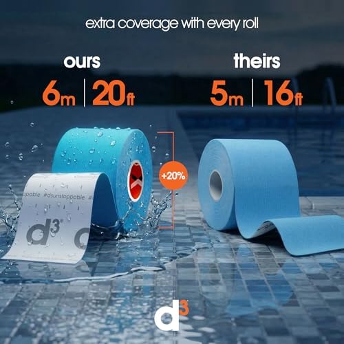 d3 X6.0 Waterproof Kinesiology Tape 2in x 20ft – Black Athletic Tape for Joint Support, Pain Relief & Muscle Recovery | Sweatproof & Hypoallergenic for Knee, Shoulder & Back – Uncut Roll