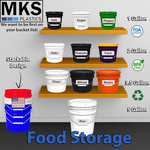 MKS Plastics 1-Gallon Bucket with Airtight Lid – Made in USA, Food Grade BPA Free Plastic, Heavy Duty Multi-Use, Metal Handle with Grip, Stackable Storage – White, 2 Pack