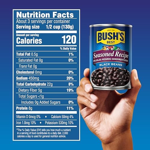 Bush's Canned Seasoned Recipe Black Beans (Pack of 1), Good Source of Plant-Based Protein, Good Source of Fiber, Fat Free, Gluten Free, 15 oz