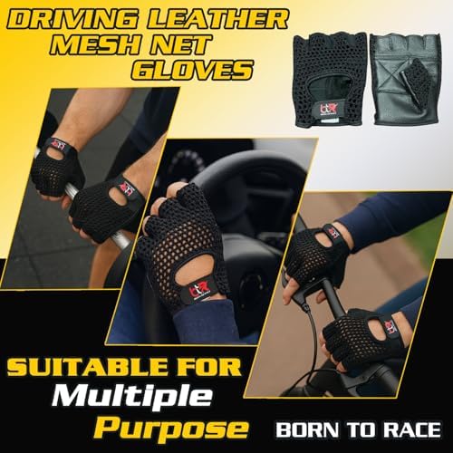 Chauffeur Driving Gloves Mesh Net Fingerless Cowhide Leather Palm Cotton Crochet Back Cycling, Wheelchair Gloves
