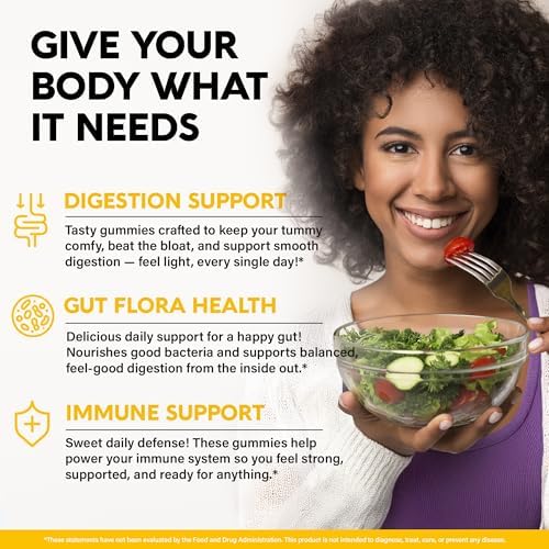 Probiotic Gummies 10B CFU with Prebiotic Fiber - Digestion & Immune Support - Debloat, Stomach & Gut Comfort - Probiotics for Women & Men - Natural Berry Flavor - Vegan & Sugar-free - 60 Gummies