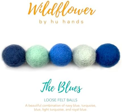 Wildflower by hu hands Blue Wool Felt Balls | 50 Pom Poms Hand Felted in Nepal for Crafts, Garland, Felting, Decor | .8-1 Inch Pompoms | Muslin Bag Included