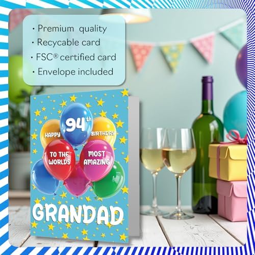 Grandad 94th Birthday Card - Worlds Most Amazing - Happy Birthday Card for 94 Year Old Grandad from Grandson Granddaughter, A5 Balloons and Stars Bday Greeting Cards