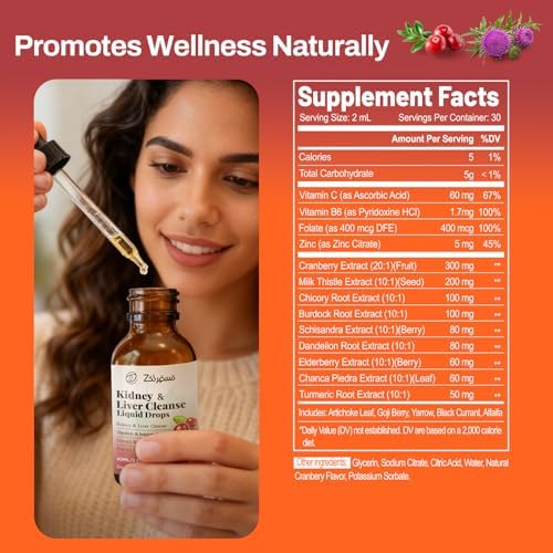 Kidney Cleanse Drops with Cranberry Extract, Milk Thistle, Chanca Piedra & Artichoke - Herbal Supplement for Liver Kidney Detox & Urinary Tract Support, 60ml