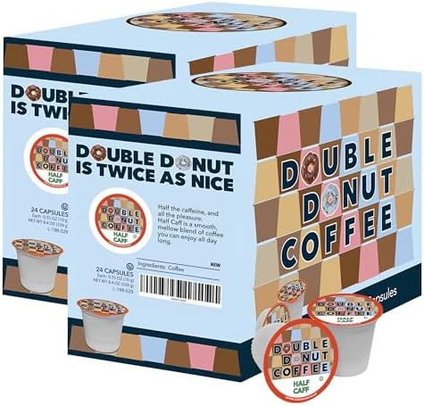 Double Donut Coffee Half Caff Coffee Pods, Single Serve Half Caffeine Coffee Pods For Keurig K Cup Brewers, Medium Roast, 24 Count pack of 2