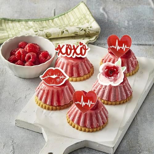 Rsstarxi 60 Pack Happy Valentine's Day Edible Cupcake Toppers Wafer Paper Lips Love Heart Cupcake Picks Red Rose Sweet Love Cake Decorations for Wedding Valentine's Day Party Supplies