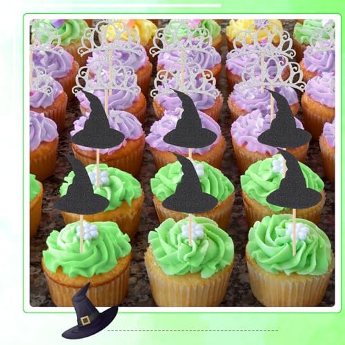 24 Pcs Witch Hat Cupcake Topper Crown Cupcake Topper Halloween Dessert Food Safe Cake Decorations for Halloween Theme Birthday Party Supplies Crafts