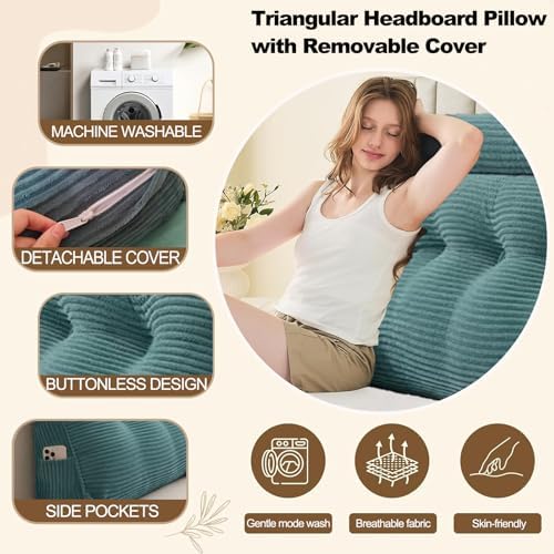 Headboard Pillow Queen, Large Triangular Wedge Cushion with Neck Roll Pillow for Reading Sitting Working, Backrest Positioning Support Bodypillow with Removable Washable Cover for Bed Dorm Sofa