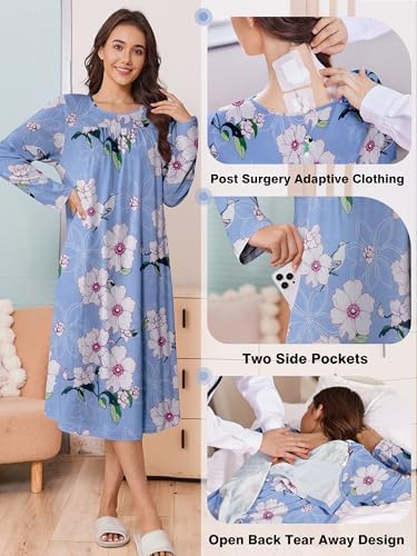 Deyeek Hospital Gowns for Women Tear Away Snap Open Back Dress Long Sleeve Post Surgery Adaptive Nightgown with Pockets