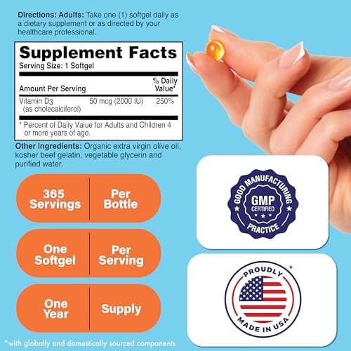 Health Thru Nutrition Vitamin D3 2000iu 365 Mini Softgels for Maximum Benefits | Year Supply | 50mcg Cholecalciferol | 3rd Party Tested | Non-GMO USP Grade in EVOO | Immune Health Support