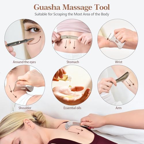 6-in-1 Stainless Steel Muscle & Fascia Scraper Tool Set, for Body Skin Massage and Sore Muscles, Myofascial, Iastm Tools, Soft Tissue Mobilization Tools, Full Body Gua Sha Kit, Gift-for Her