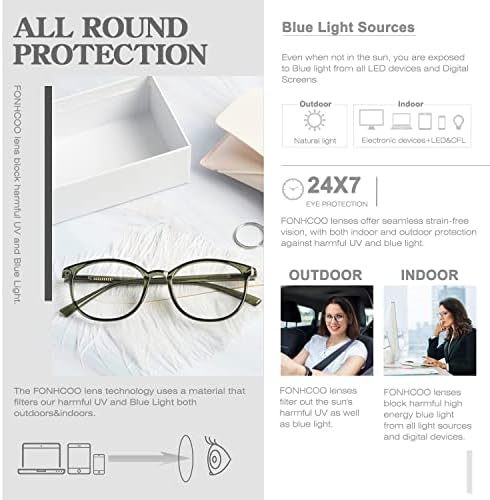 FONHCOO Blue Light Blocking Glasses Women Men Computer Eyeglasses,TR90 Fashion Round Transparent Anti Blue Light Glasses with Anti Eyestrain & UV Glare for Gaming & Reading (Green)