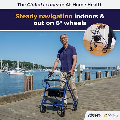 Drive Medical Aluminum Rollator Walker - Fold Up - Padded Seat - 6 Inch Wheels - Lightweight Portable Design - Indoor Outdoor Mobility Aid - Blue