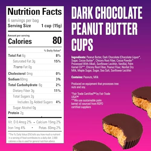 SkinnyDipped Dark Chocolate Peanut Butter Cups, 2g Sugar per Cup, Keto Friendly, Low Carb, Gluten Free, 3.2oz, 4 Pack (24 Cups Total)
