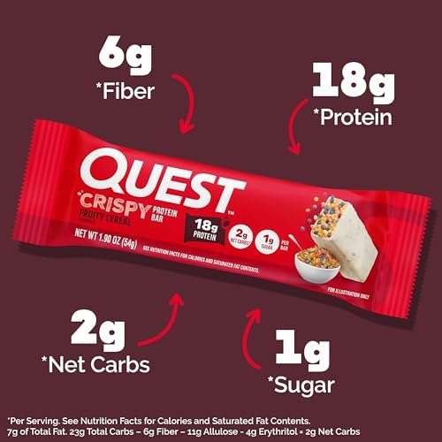 Quest Nutrition Crispy Protein Bar, Fruity Cereal Flavor, 18g Protein, 1g Sugar, 2g Net Carbs, Low Sugar, 12 Count