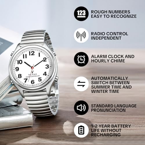 Atomic American English Talking Watch Speaks Clear and Loud Time, Date and Alarm time Perfect for Senior,Visually impaired or Blind People (Mens)