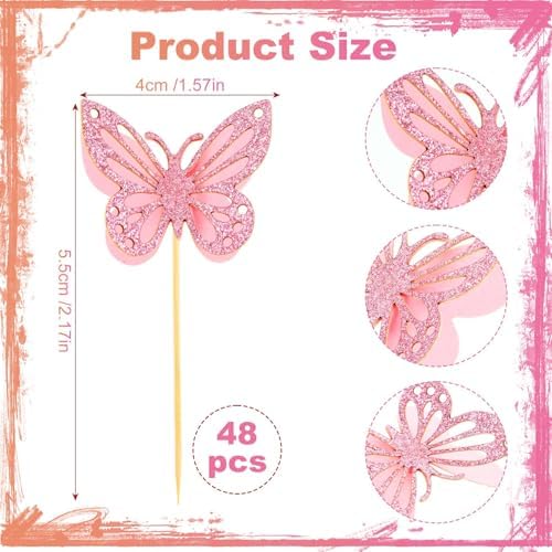 48 Pcs Butterfly Cake Toppers, Butterfly Cake Decorations Double Layer Pink Butterflies Cupcake Toppers 3D Glitter Cupcake Topper Butterflies Cocktail Pick Decoration for Baby Shower Wedding Birthday
