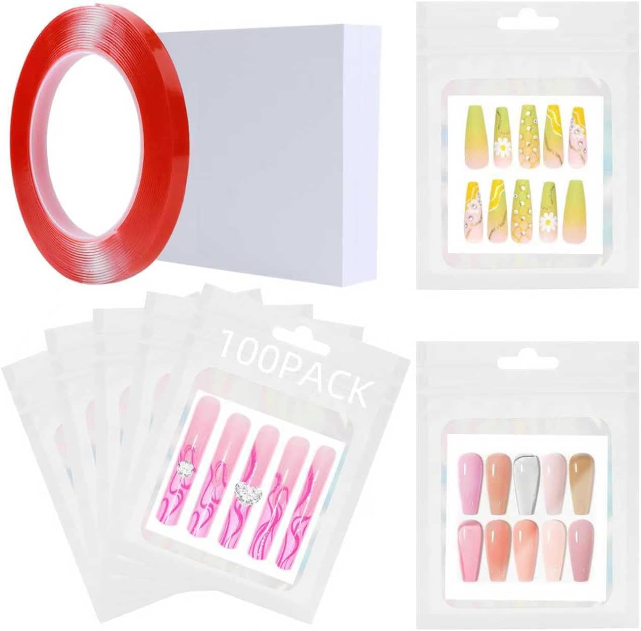 100PCS Press on Nail Packaging Bag and 100PCS White Cardboard Nail Tips Packaging Bags Empty Holographic Nail Storage Bags with 1 Roll Transparent Tape for Press on Nail Business (White, Short)