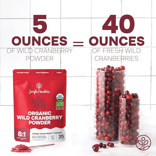 Jungle Powders Wild Cranberry Powder Organic 5 Ounces, USDA Certified Freeze Dried Organic Cranberries Powder for Baking Flavoring Smoothies, Additive Filler Free Superfood Extract from Whole Berries