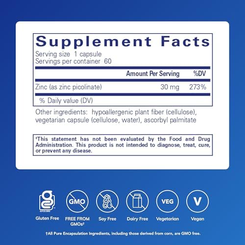 Pure Encapsulations Zinc 30 mg - Supplement for Immune System Support, Growth and Development, and Wound Healing* - with Zinc Picolinate 30 mg - 60 Capsules
