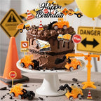 21PCS Construction Cake Toppers Truck Cake Decoration Set Excavator Tractor Tower Crane Cupcake Topper Traffic and Road Sign for Construction Happy Birthday Party Supplies