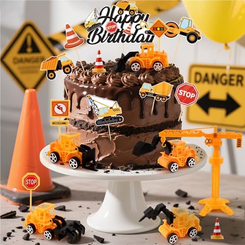 21PCS Construction Cake Toppers Truck Cake Decoration Set Excavator Tractor Tower Crane Cupcake Topper Traffic and Road Sign for Construction Happy Birthday Party Supplies