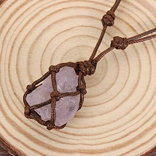 Natural Stone Crystal Necklace Quartz Raw Net Pocket Pendant Necklace Healing Stone Reiki Hangings Craft with Weave Rope (Color : 1-White Crystal)