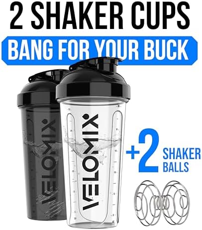 VELOMIX -2 Pack- 28 oz Protein Shaker Bottles for Protein Mixes - 2x Wire Whisk | Leak Proof Shaker Cups for Protein Shakes | Protein Shaker Bottle Pack (Black/Transparent)