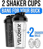 VELOMIX -2 Pack- 28 oz Protein Shaker Bottles for Protein Mixes - 2x Wire Whisk | Leak Proof Shaker Cups for Protein Shakes | Protein Shaker Bottle Pack (Black/Transparent)