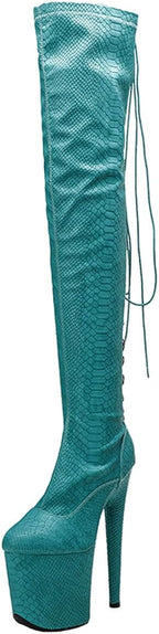 WUXIN H&P Women's Over The Knee Pole Dance Thigh High Heel Boots Platform Zip Lace Up Fashion Sexy Snake Pattern Party Round Toe Stiletto 8 inch Exotic Heels