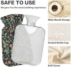 Retro Sage Green Red Floral Hot Water Bottle with Cover, 2Liter Soft Velvet Winter Warm Water Bag for Neck and Shoulder Pain Relief Period Cramps Bed Hand Feet Warmer