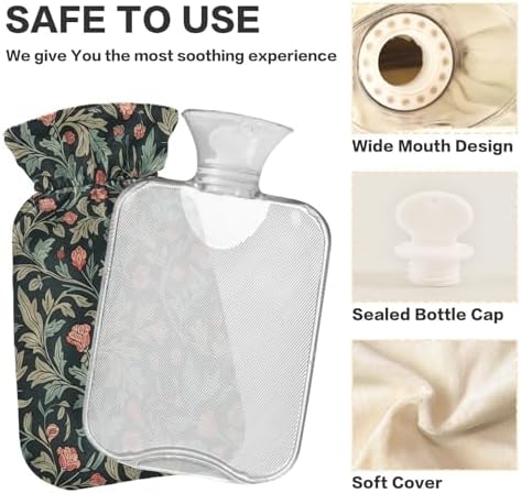 Retro Sage Green Red Floral Hot Water Bottle with Cover, 2Liter Soft Velvet Winter Warm Water Bag for Neck and Shoulder Pain Relief Period Cramps Bed Hand Feet Warmer