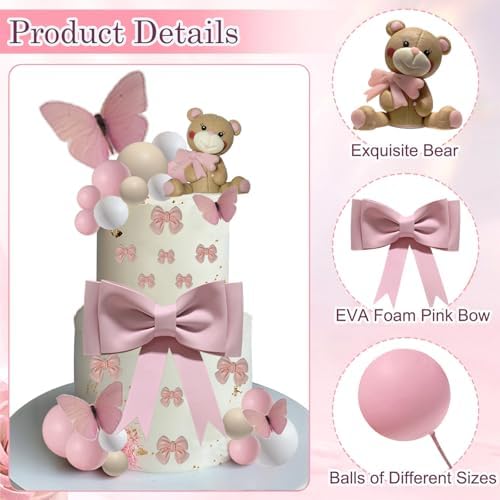 42PCS Pink Bow Bear Cake Toppers Butterfly Balls Cake Decorations Bowknot Cupcake Toppers for Girls Birthday Baby Shower Party Supplies