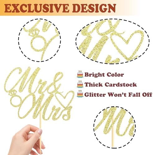 Sotpot 1PC Mr Mrs Cake Topper Bride and Groom Topper Gold Glitter Love Cake Decorations for Wedding Engagement Bridal Shower Wedding Cake Decoration Supplies