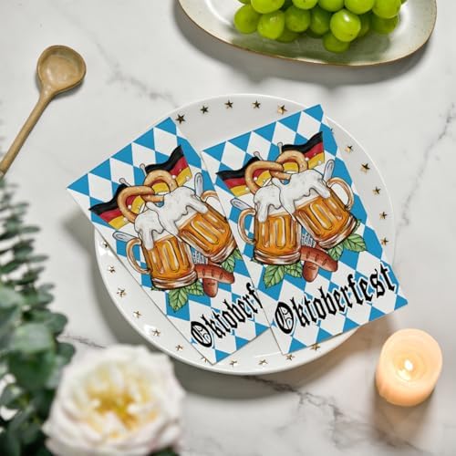 Horaldaily 100 Oktoberfest Disposable Paper Napkin Decorative Guest Guest Napkins, Blue and White Bavarian Flag and Beer Hand Towel for Party Lunch Dinner Kitchen Bathroom