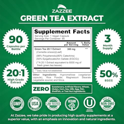 Zazzee Extra Strength Green Tea 20:1 Extract, 50% EGCG, 98% Polyphenols, 80% Catechins, 90 Vegan Capsules, 3 Month Supply, Certified Kosher, Antioxidant & Metabolism Support, Non-GMO, Made in the USA