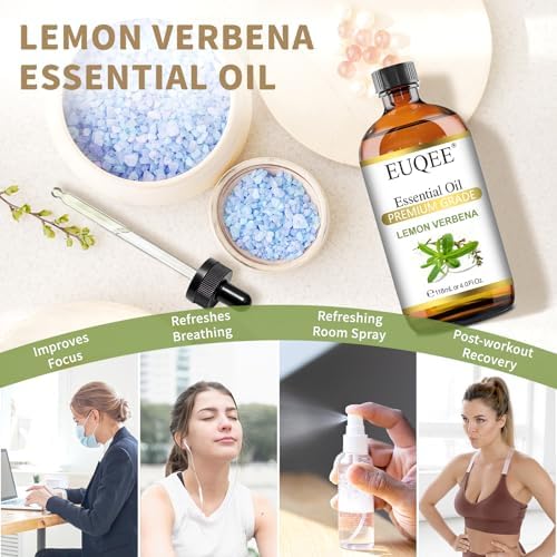 EUQEE Lemon Verbena Essential Oil 118ml - 100% Pure & Natural Citrus Scent Oil for Diffuser, Skincare, Morning Rituals & Aromatherapy, Large Bottle with Dropper