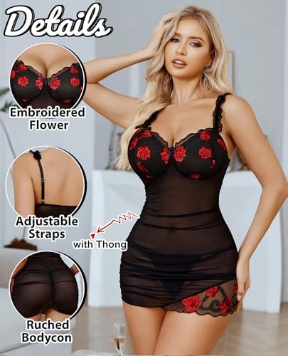 Avidlove Lingerie for Women Mesh Babydoll Lingeries Lace Chemise Floral Sleepwear Dress Sheer Exotic Boudoir Outfit S-XXL