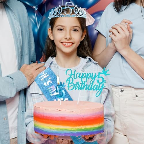 6th Birthday Decorations for Girl - Blue Party Supplies Including Crown, Sash, Cake Toppers, Number 6 Candles