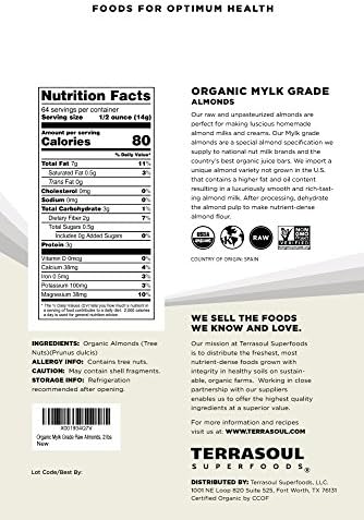 Terrasoul Superfoods Raw Unpasteurized Organic Almonds (Mylk Grade), 6 Pounds