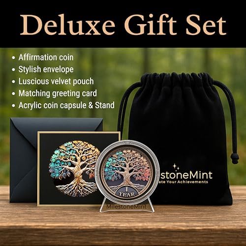 MilestoneMint 1 Year Sobriety Coin Tree of Life Gift Set | Anniversary Sobriety Gifts for Men & Women | AA Coins and Medallions with Token Capsule, Stand & Card | 3D Texture, Recovery AA Chips