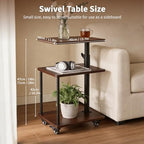 360° Swivel Side Table with Storage, Height Adjustable, Smooth-Rolling Wheels, C-Shaped End Table for Couch/Sofa, Recliner, Living Room, Walnut-Look