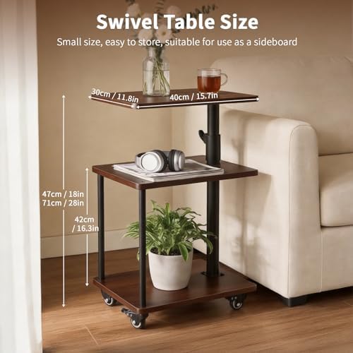 360° Swivel Side Table with Storage, Height Adjustable, Smooth-Rolling Wheels, C-Shaped End Table for Couch/Sofa, Recliner, Living Room, Walnut-Look